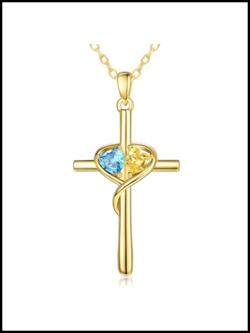 14K Gold Cross Pendant Necklace Double Heart Birthstone Gift